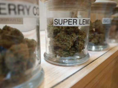 Cannabis dispensary strains on display