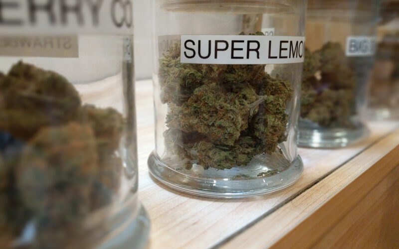 Cannabis dispensary strains on display